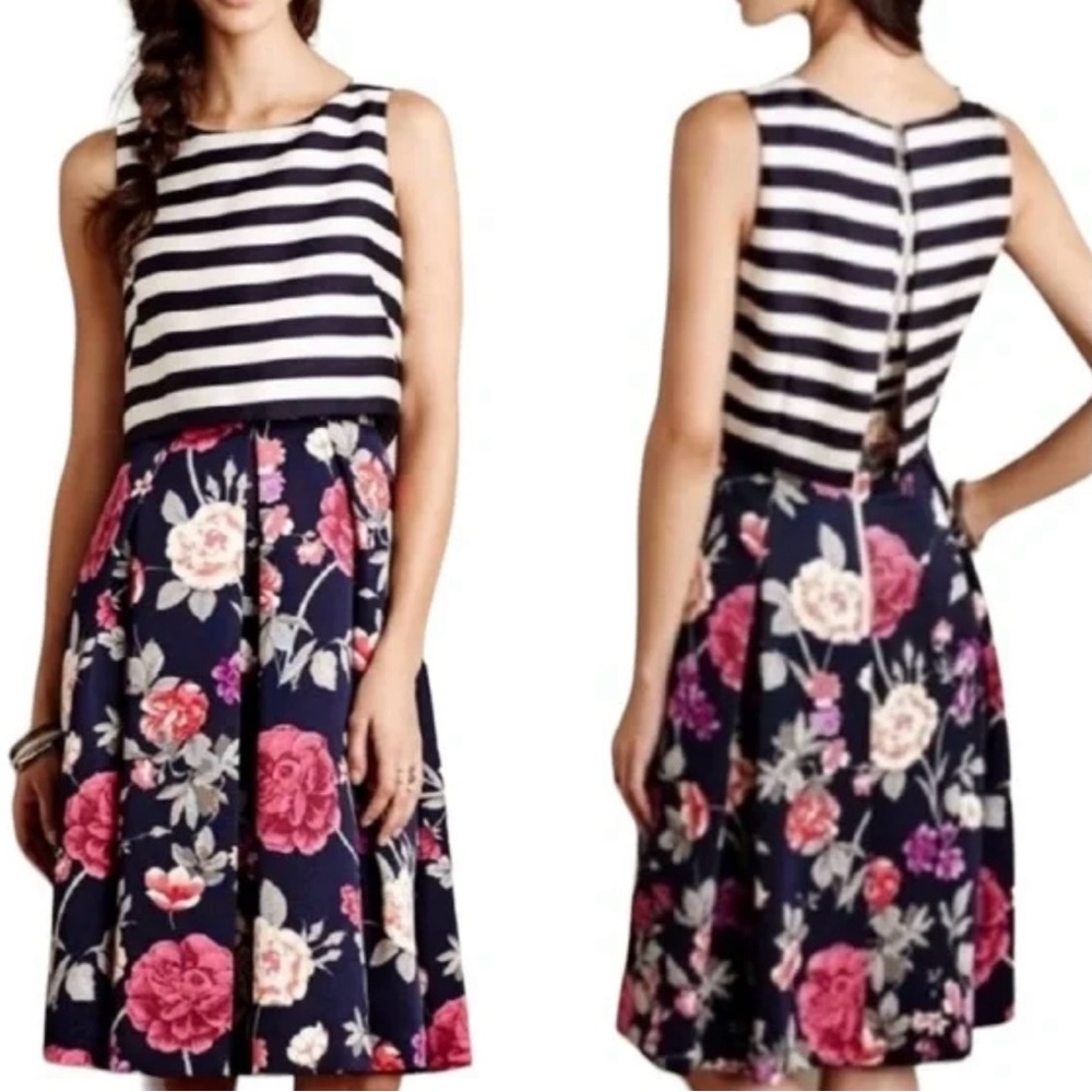 Moulinette Soeurs Navy Striped Bodice with Pink Floral Midi